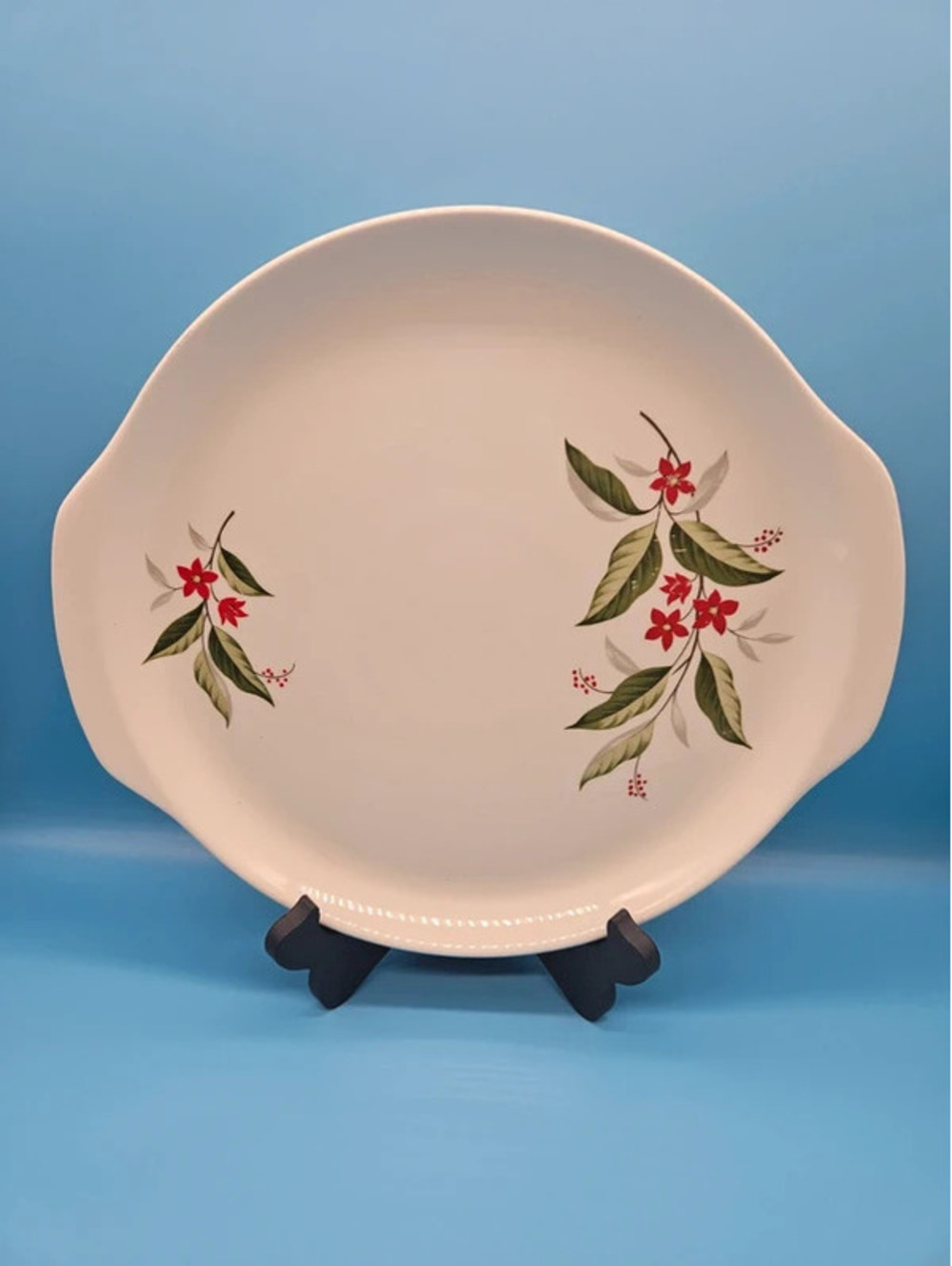 Vintage Universal Ballerina Woodvine Handled Cake Plate 11 5/8" Red Green Floral